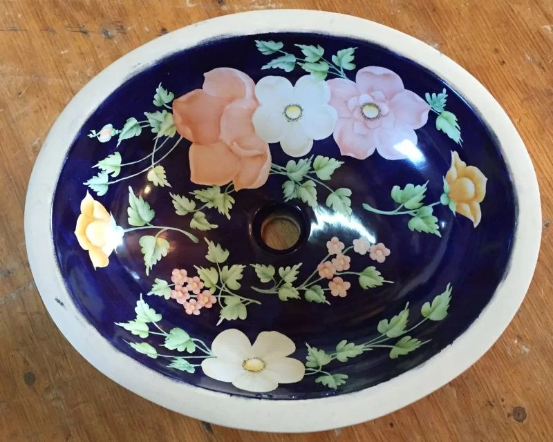 1980’s Vintage Western Pottery Floral Undermount Sink DEA Bathroom