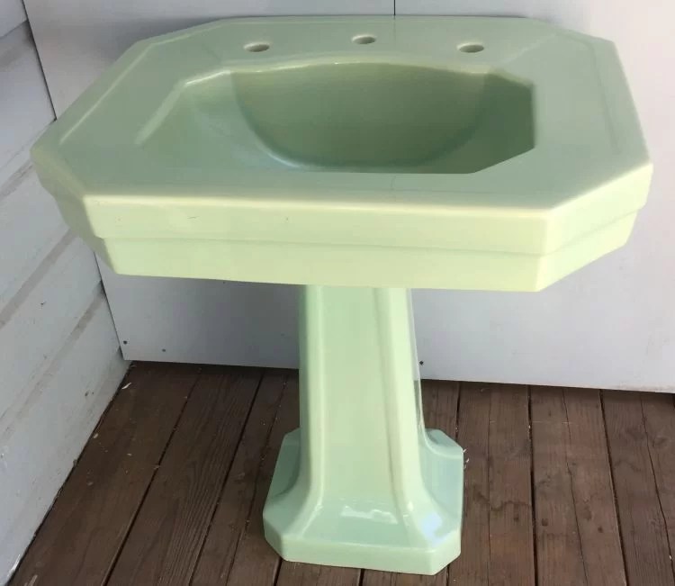 1935 Eljer Ming Green China Pedestal Sink Prop Rental DEA Bathroom