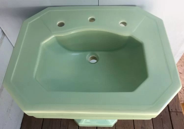 1935 Eljer Ming Green China Pedestal Sink Prop Rental DEA Bathroom