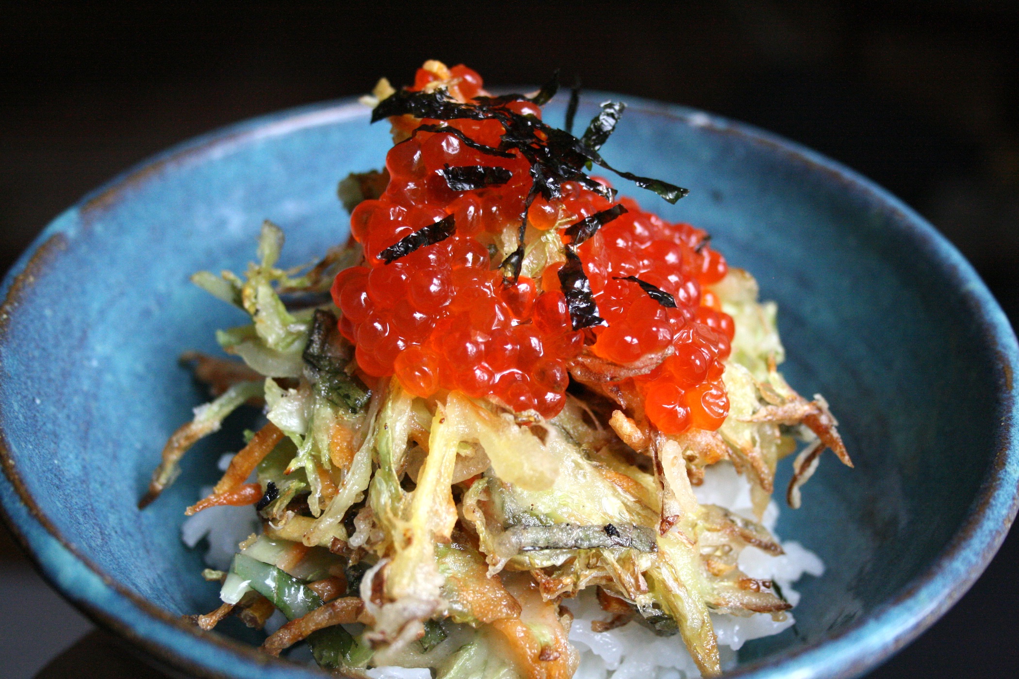 Fall Kakiage Ikura Don (Shredded Vegetable Tempura and Salted Salmon