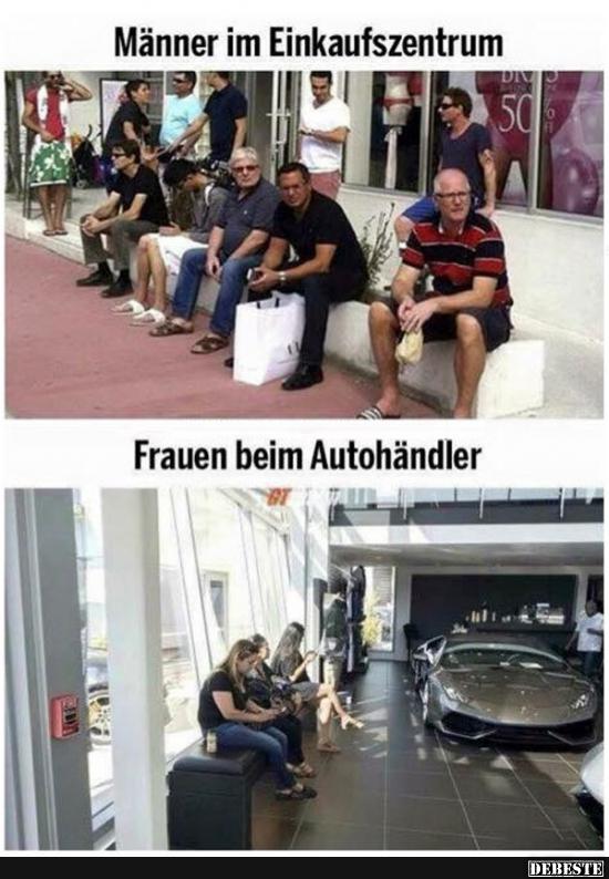 Männer im Einkaufszentrum / Frauen beim Autohändler. Lustige Bilder