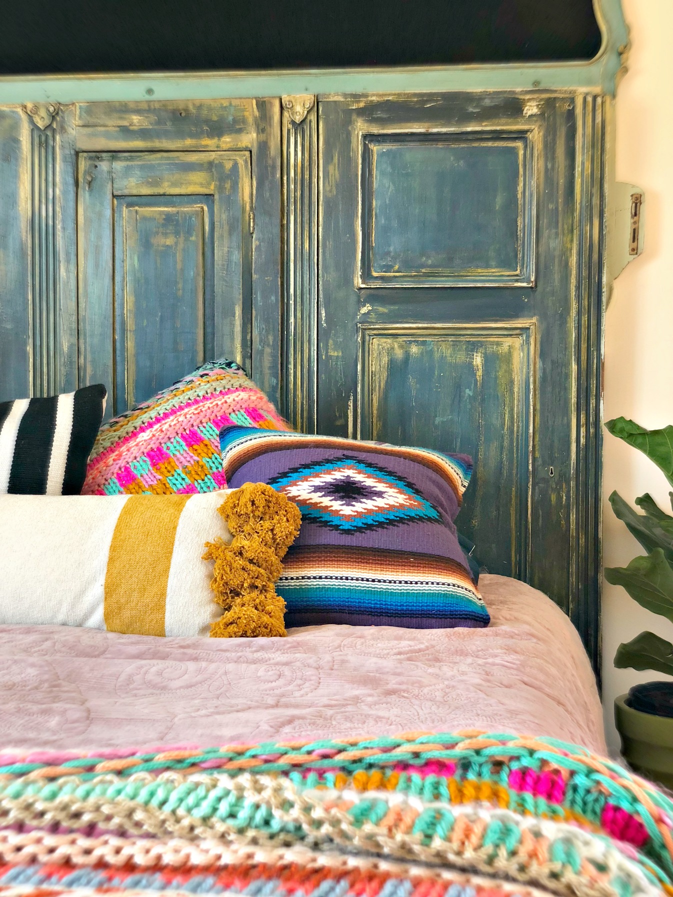 DIY Headboard made from a Deconstructed Armoire and How to Paint Velvet Upholstery..Again