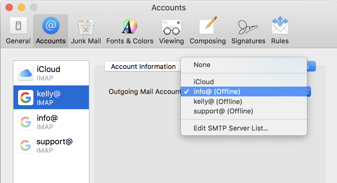 Apple Mail Offline SMTP Gmail Outgoing Mail Account