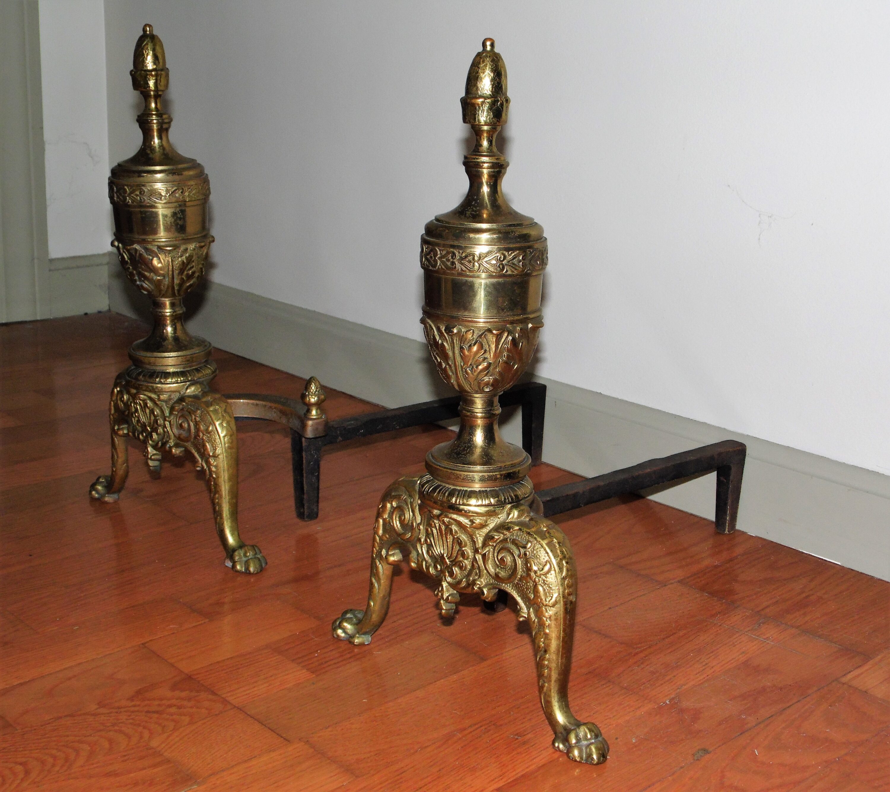 Antique Pair English Bellows Brass Fireplace Andirons Fire Dogs Log