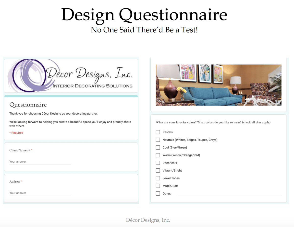 Questionnaire Decor Designs, Inc.