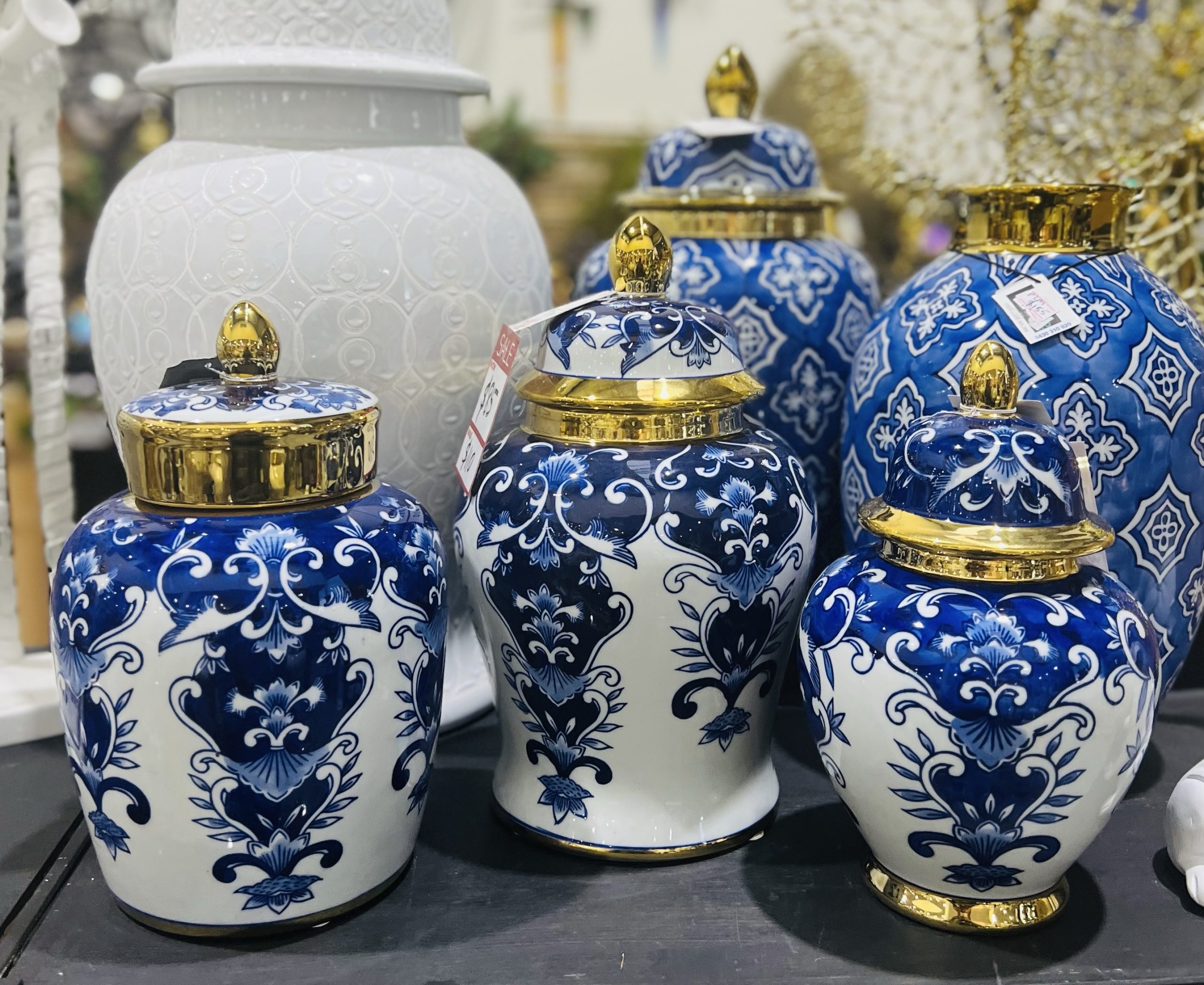 Blue White Gold Ginger Jar Large 34cm Decor Guru