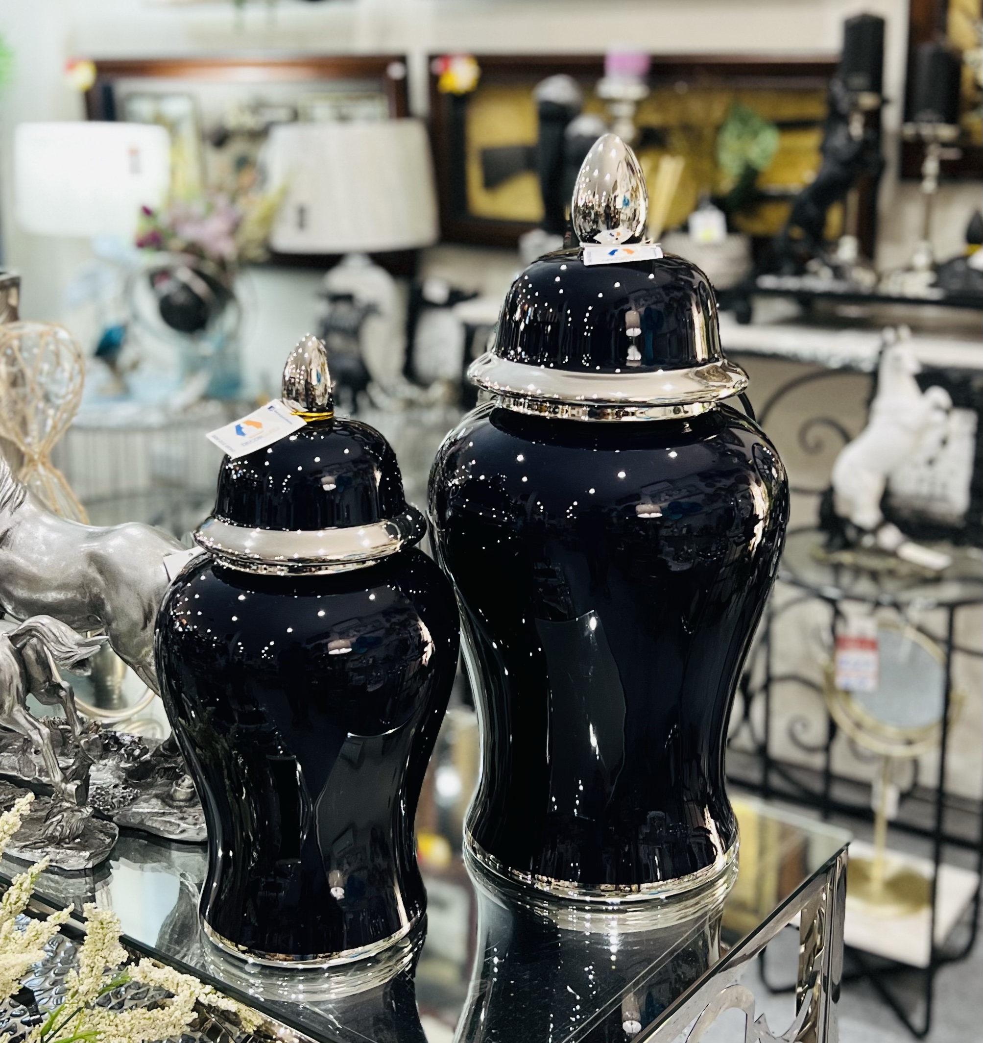 Black Ginger Jars with Silver Accents & Round Lids Decor Guru