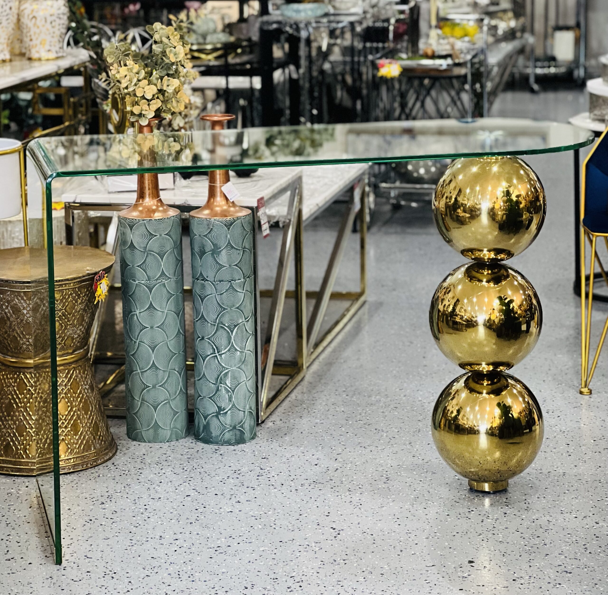 3 Gold Metal Balls Thick Tempered Glass Top Console Table Decor Guru