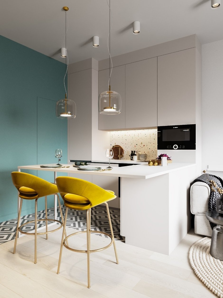 На 42 кв.м. прихожая, кухня, гостиная, спальня, детская и ванная