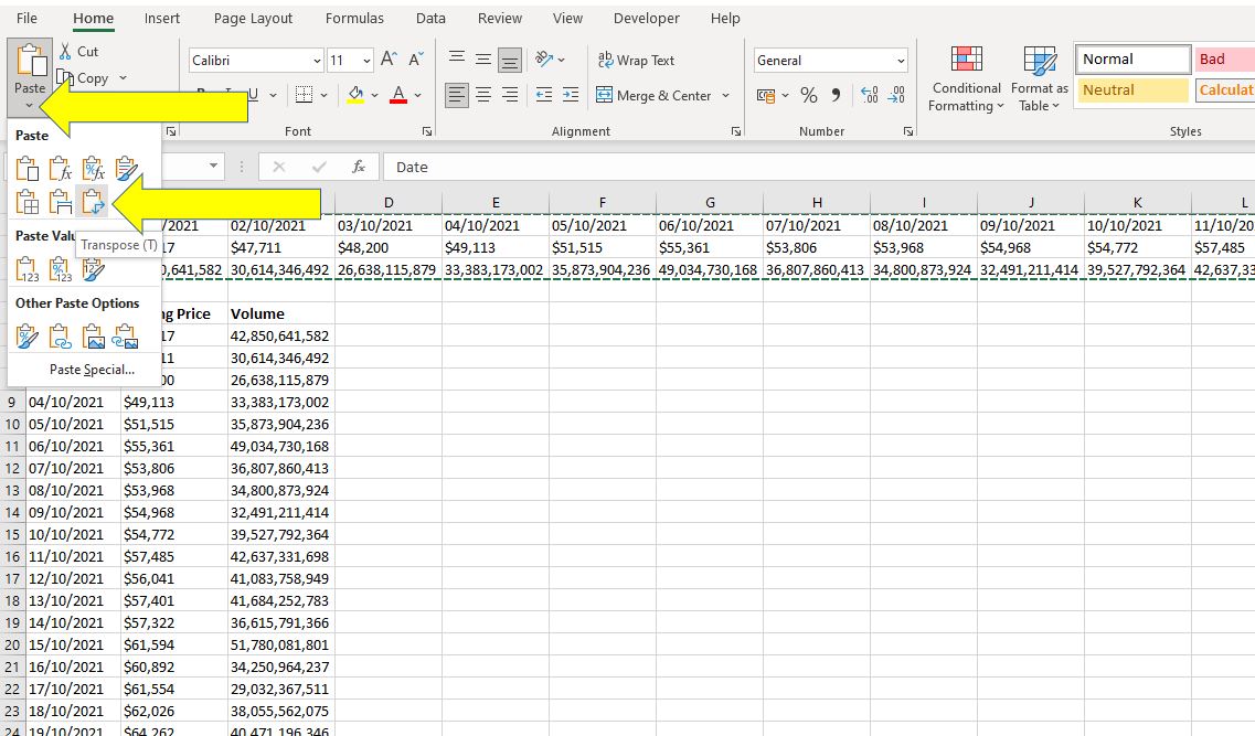 How to transpose data in Excel