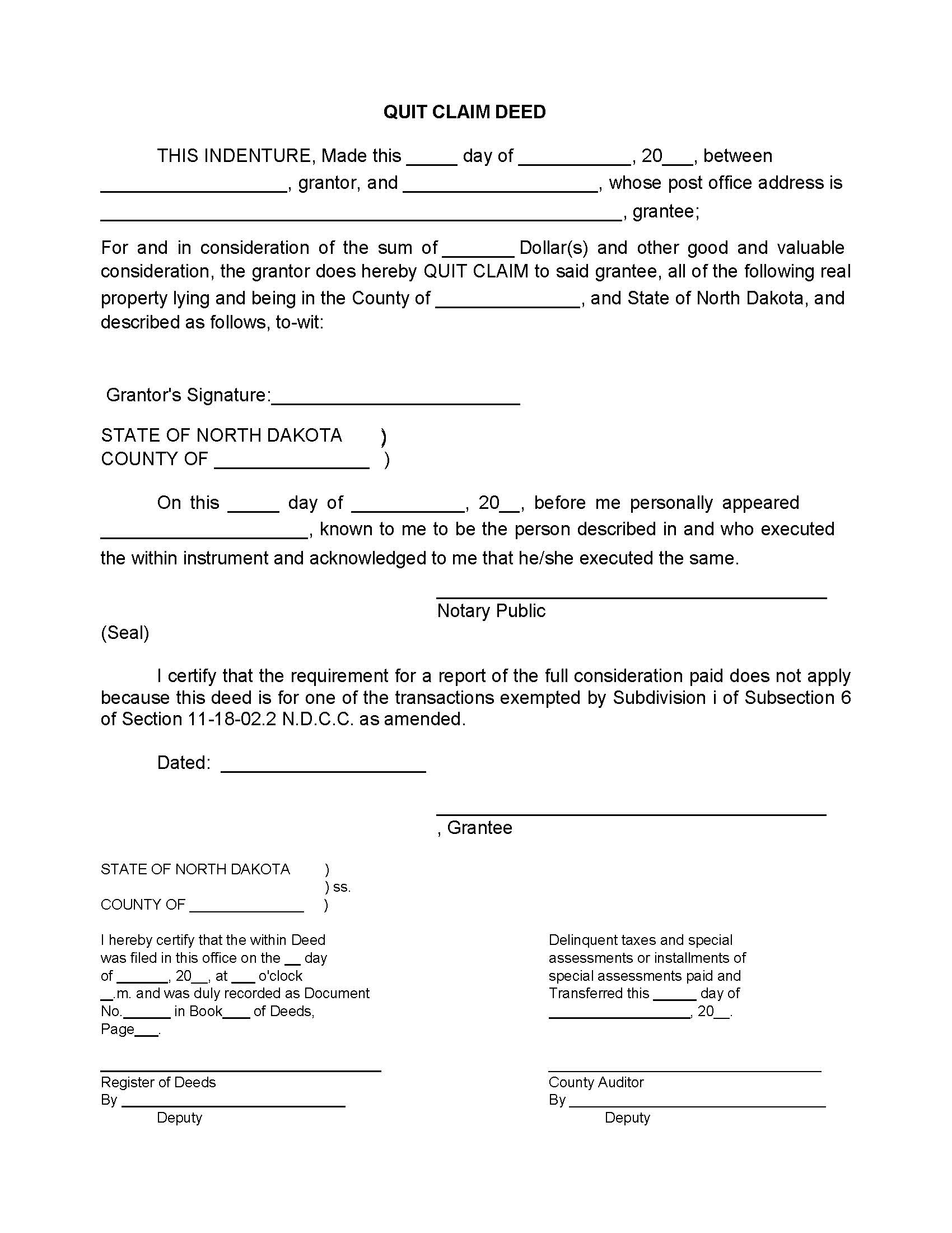 North Dakota Quit Claim Deed Form Deed Forms Deed Forms