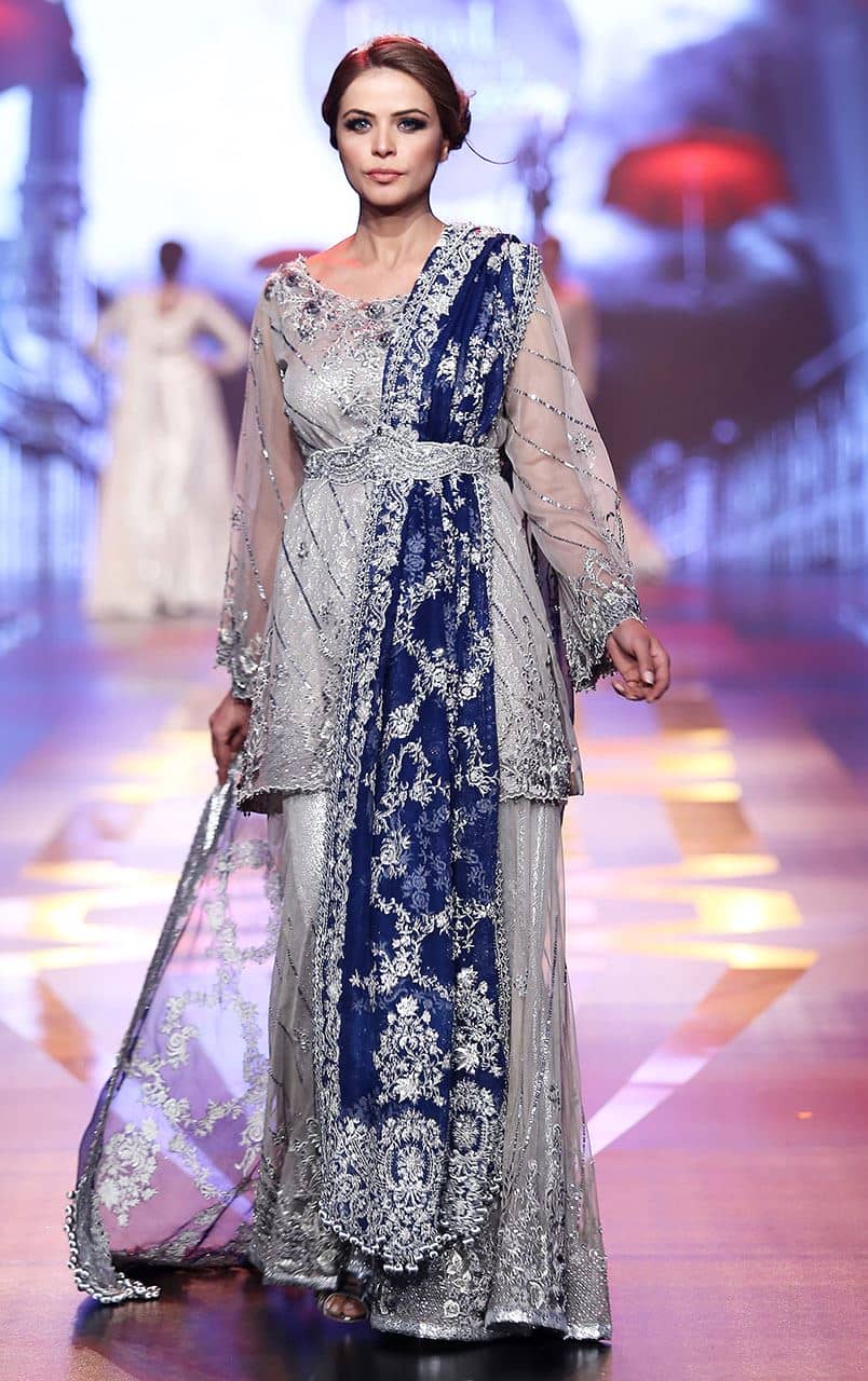 Silver Grey Bridal Dress Short Shirt Sharara Royal Blue Dupatta