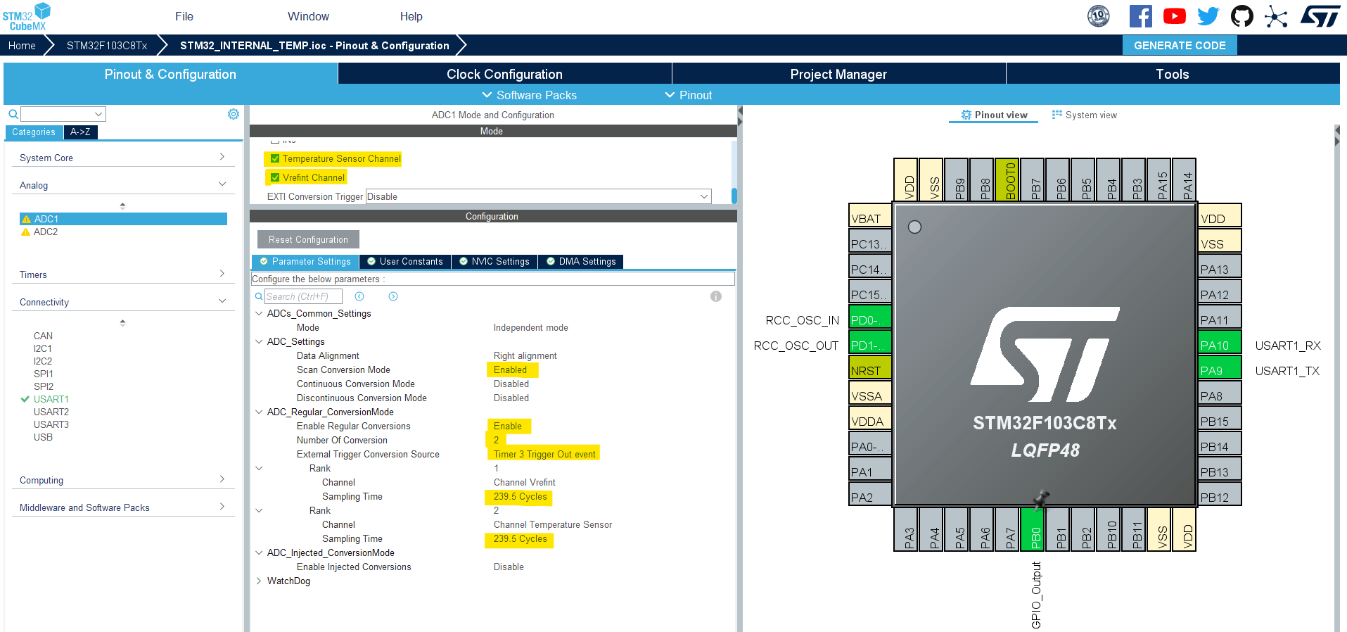STM32 Internal Temperature Sensor Reading + Example Code DeepBlue