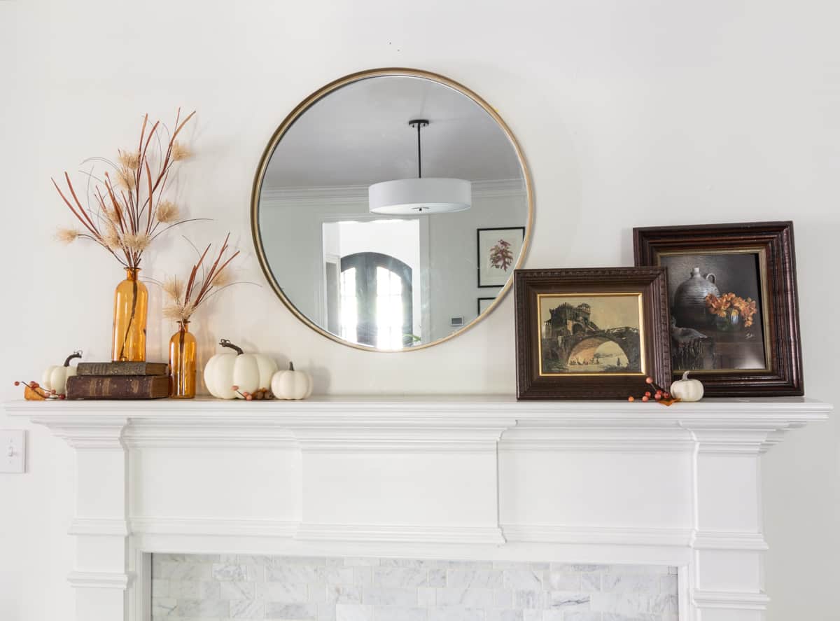 4 Ways to style a Simple Fall Mantle with a Round Mirror Deeply