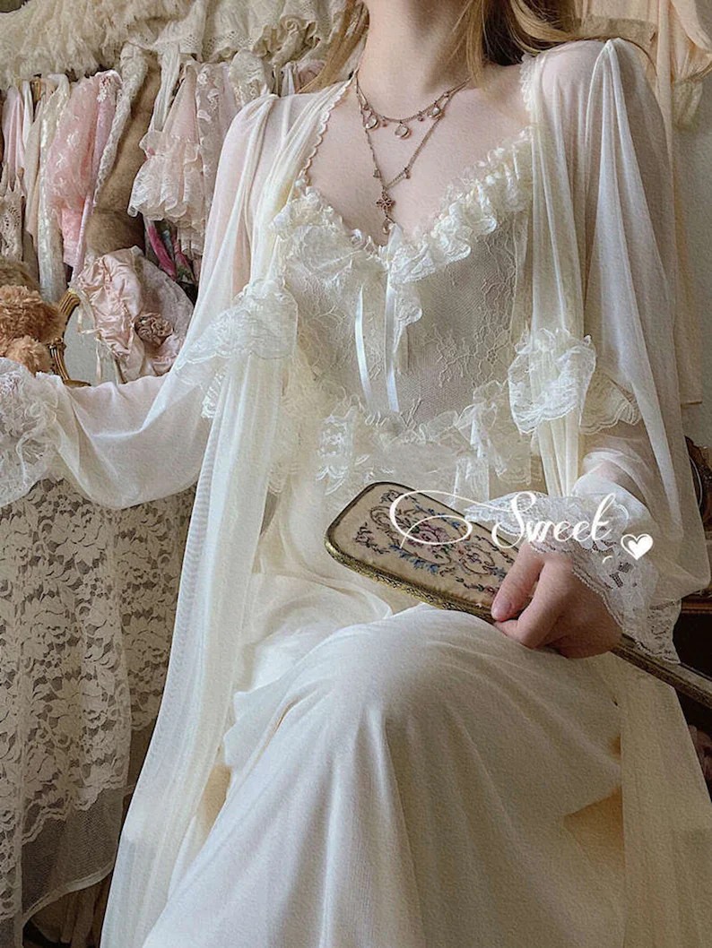 Royalcore Princesscore Soft Satin Chemise Dress/Robe/Nightie Set