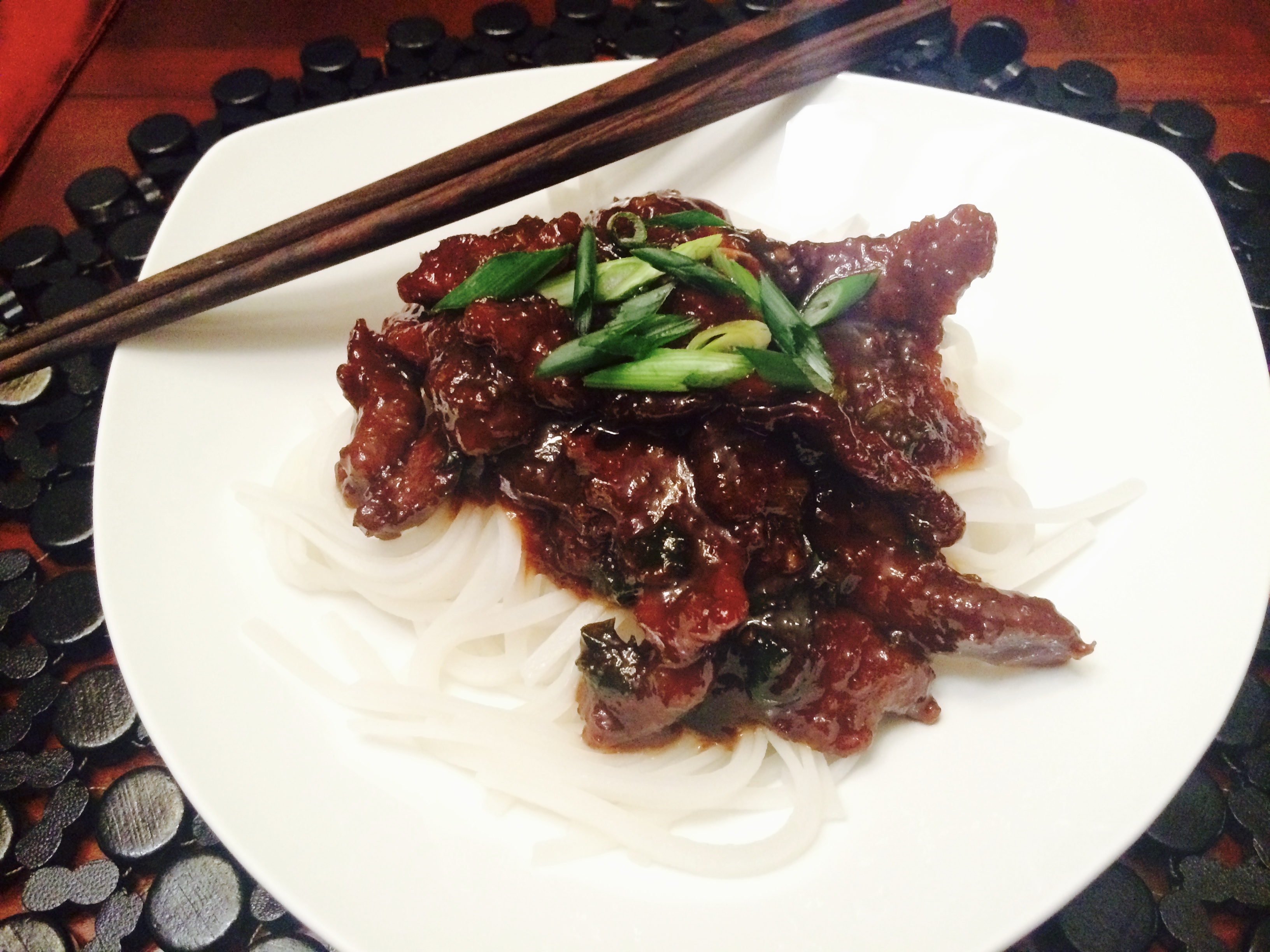 Mongolian Beef Over Rice Noodles