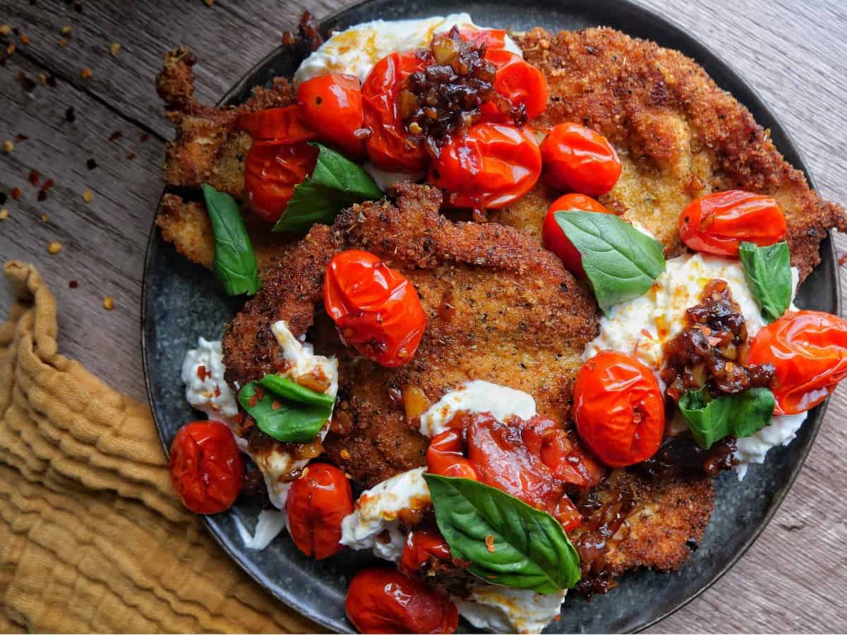 Chicken Cutlets with Burst Cherry Tomatoes and Burrata Dee's Little