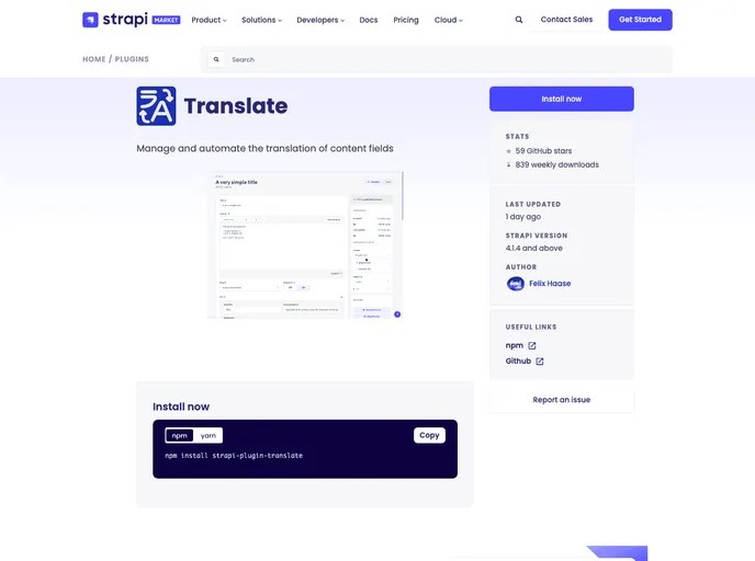 Strapi Plugin Translate by Fekide A undefined Template Built At