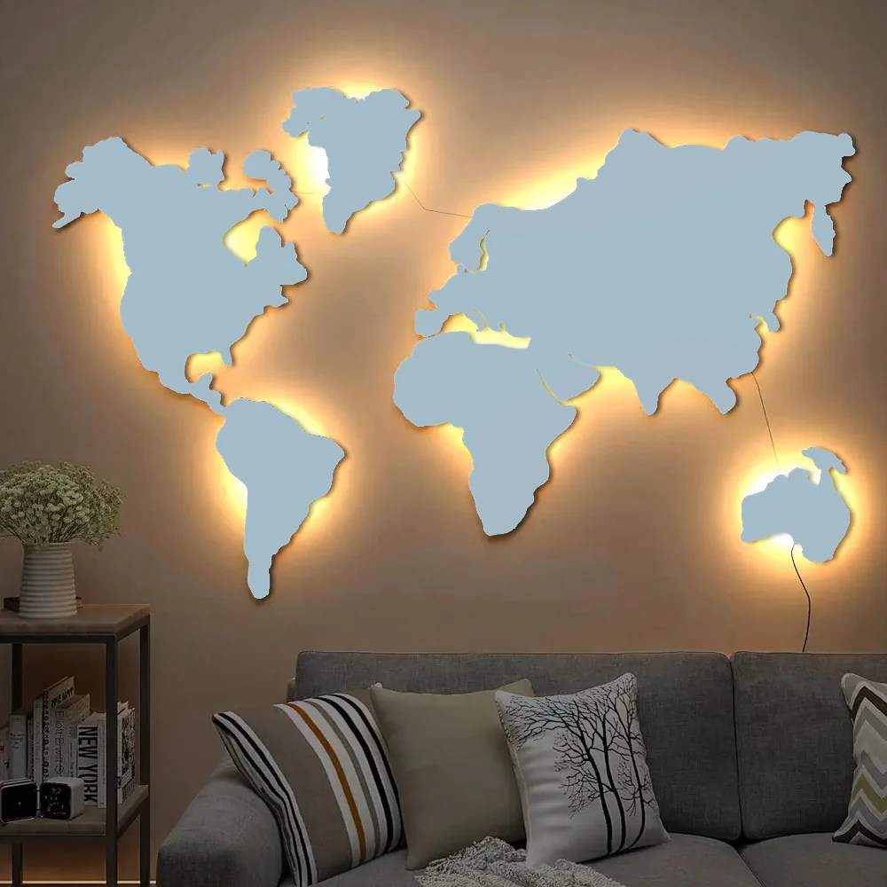 World Map Backlit Wood Wall Décor / Night Light, Walnut Finish Dekorspace