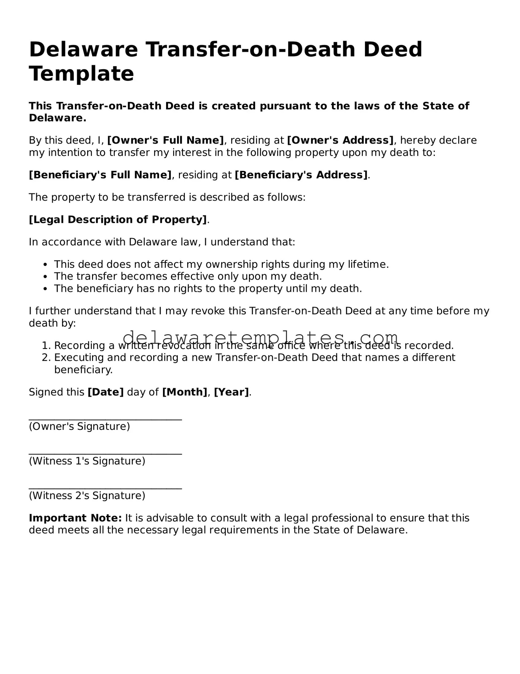 Free Delaware TransferonDeath Deed Template Delaware Templates