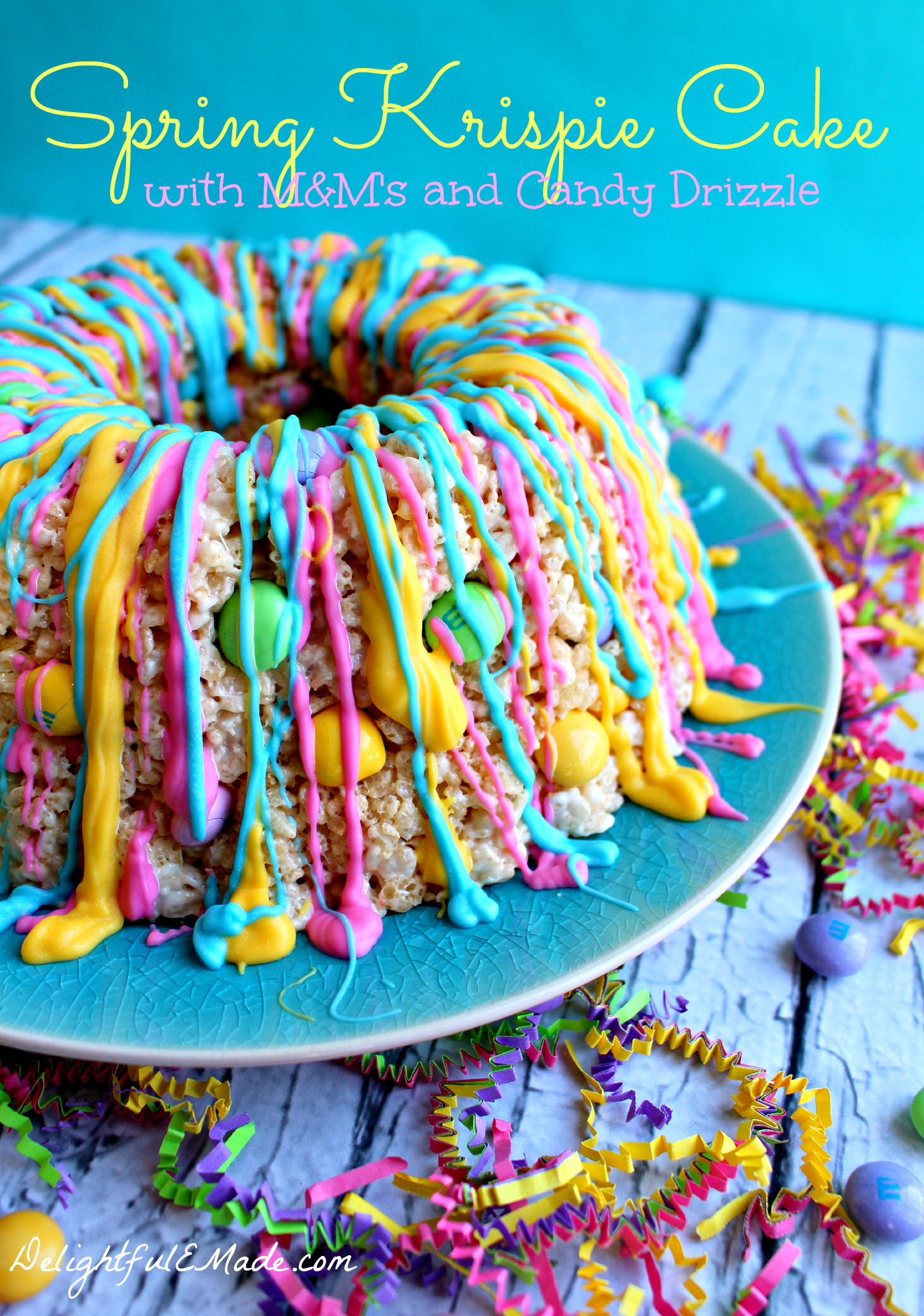 Spring Krispie Cake with M&M's and Candy Drizzle Delightful E Made