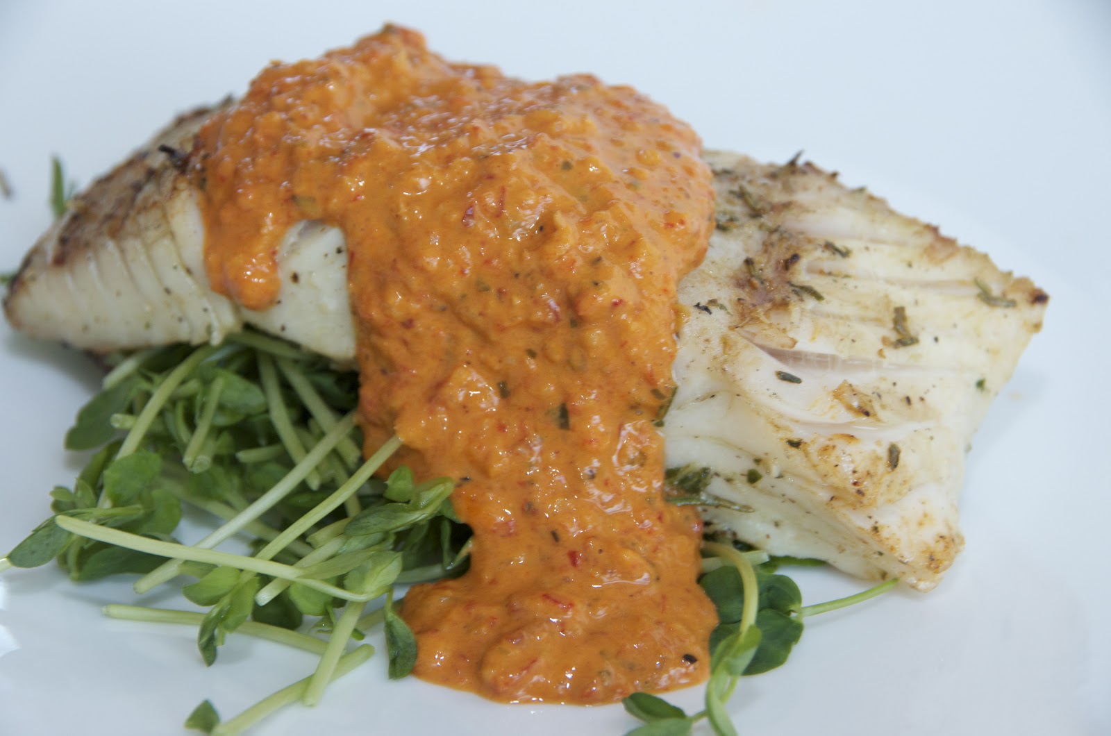 Grilled Halibut with red pepper and tomato sauce Delights Of Culinaria