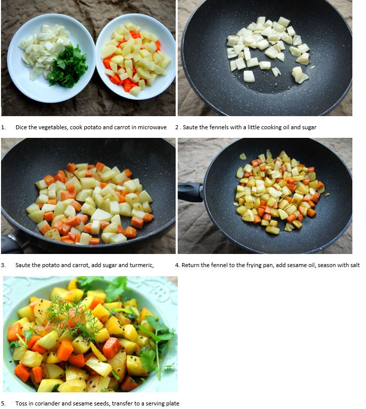 Stir fried potato, carrot and fennel, with coriander, turmeric, sesame