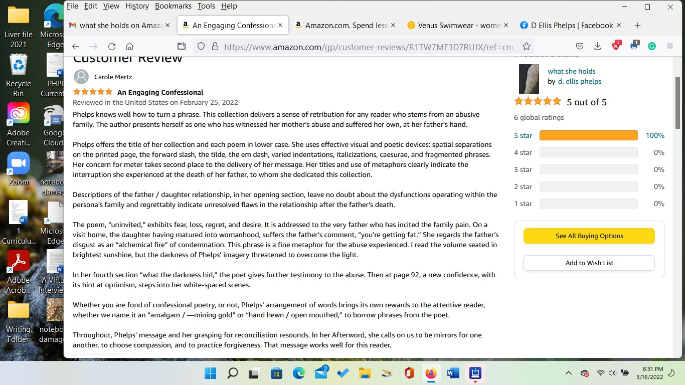 what she holds reviewed in Ocotillo Review, Summer 2021 formidable