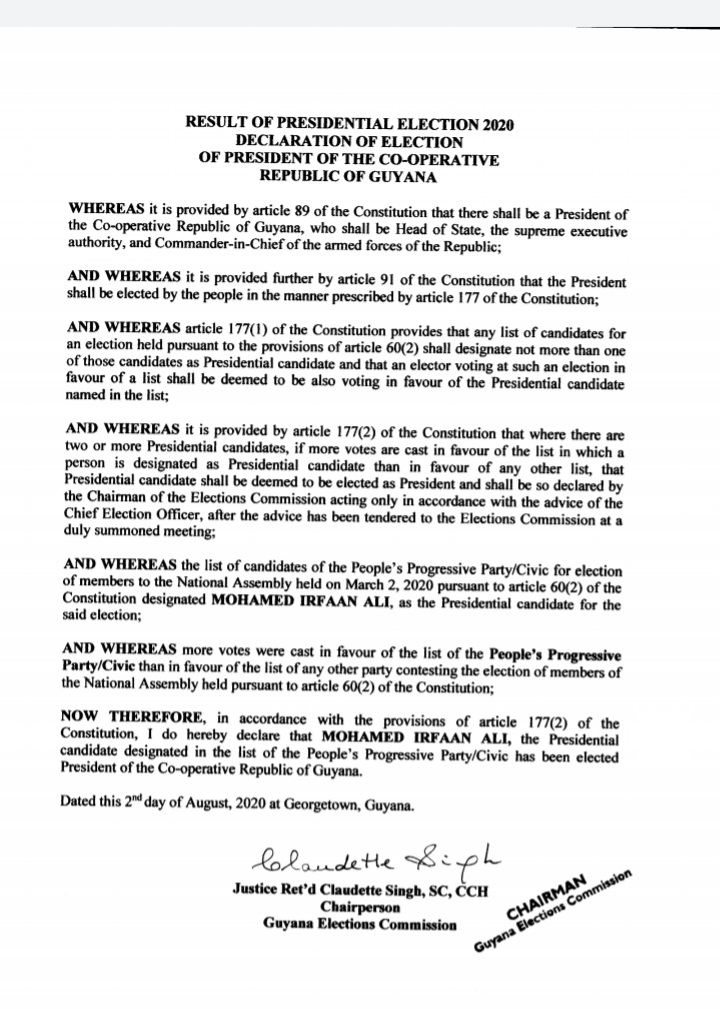 declares Irfaan Ali President of Guyana ; Chief Elections Officer