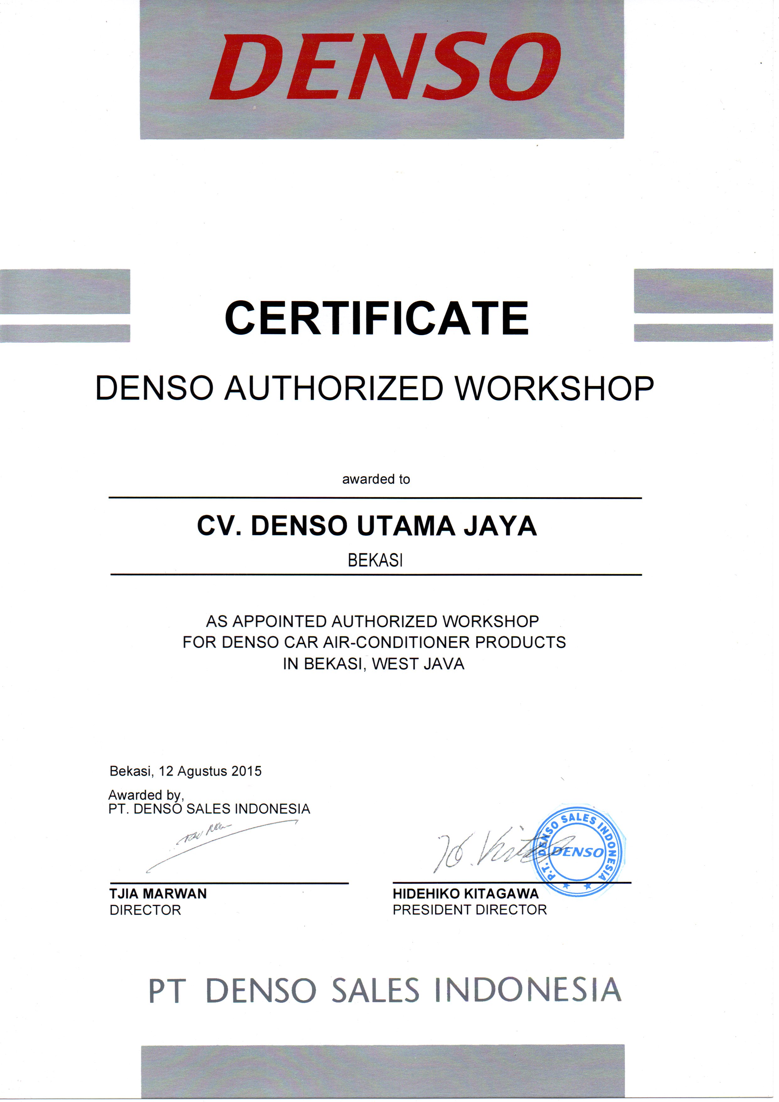 Certificate Denso Authorized DENSO UTAMA JAYA
