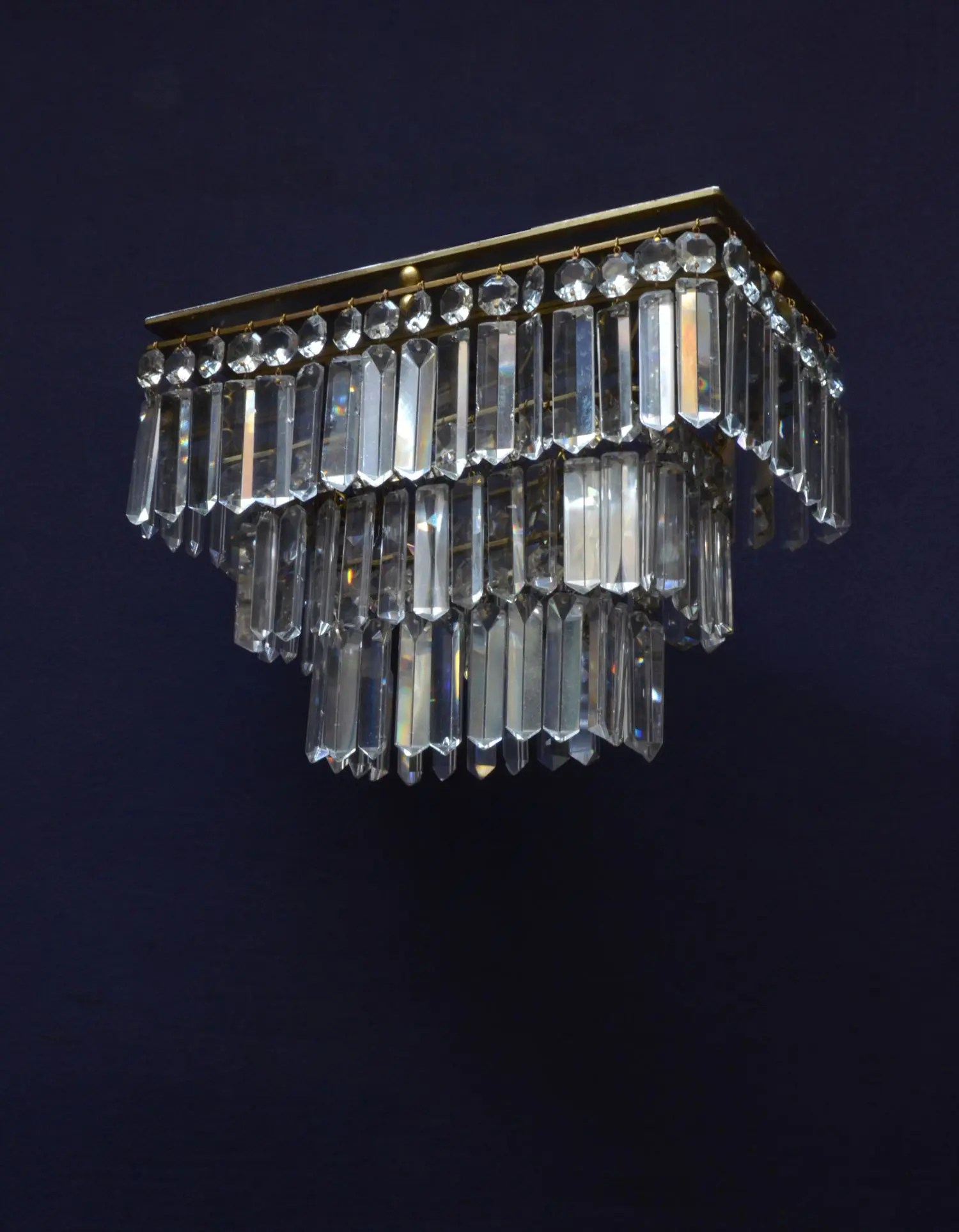 Rectangular Ceiling Light with tiered rows of cut glass pendants