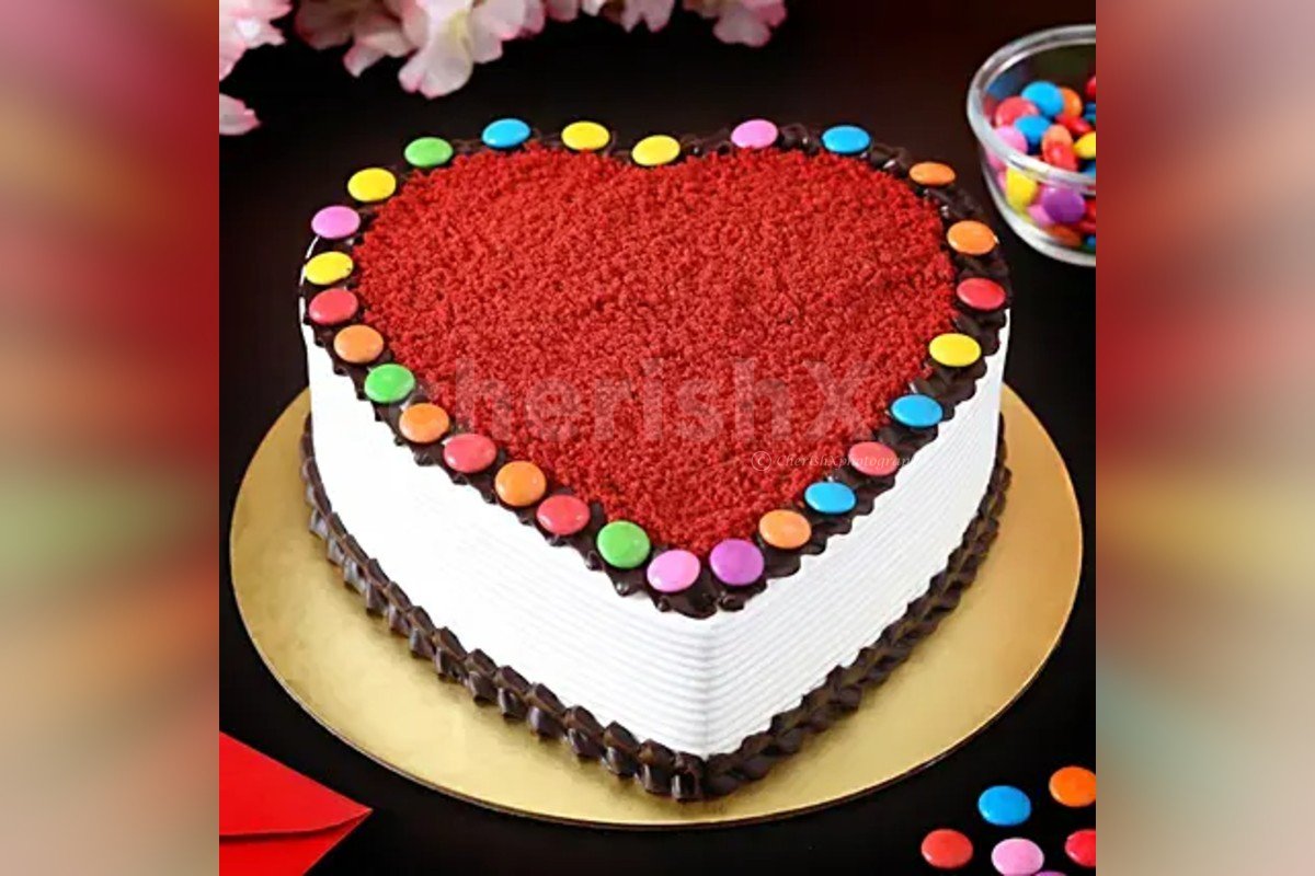 Order Heart Shape Red Velvet Gems Cake Online Free Shipping in Delhi