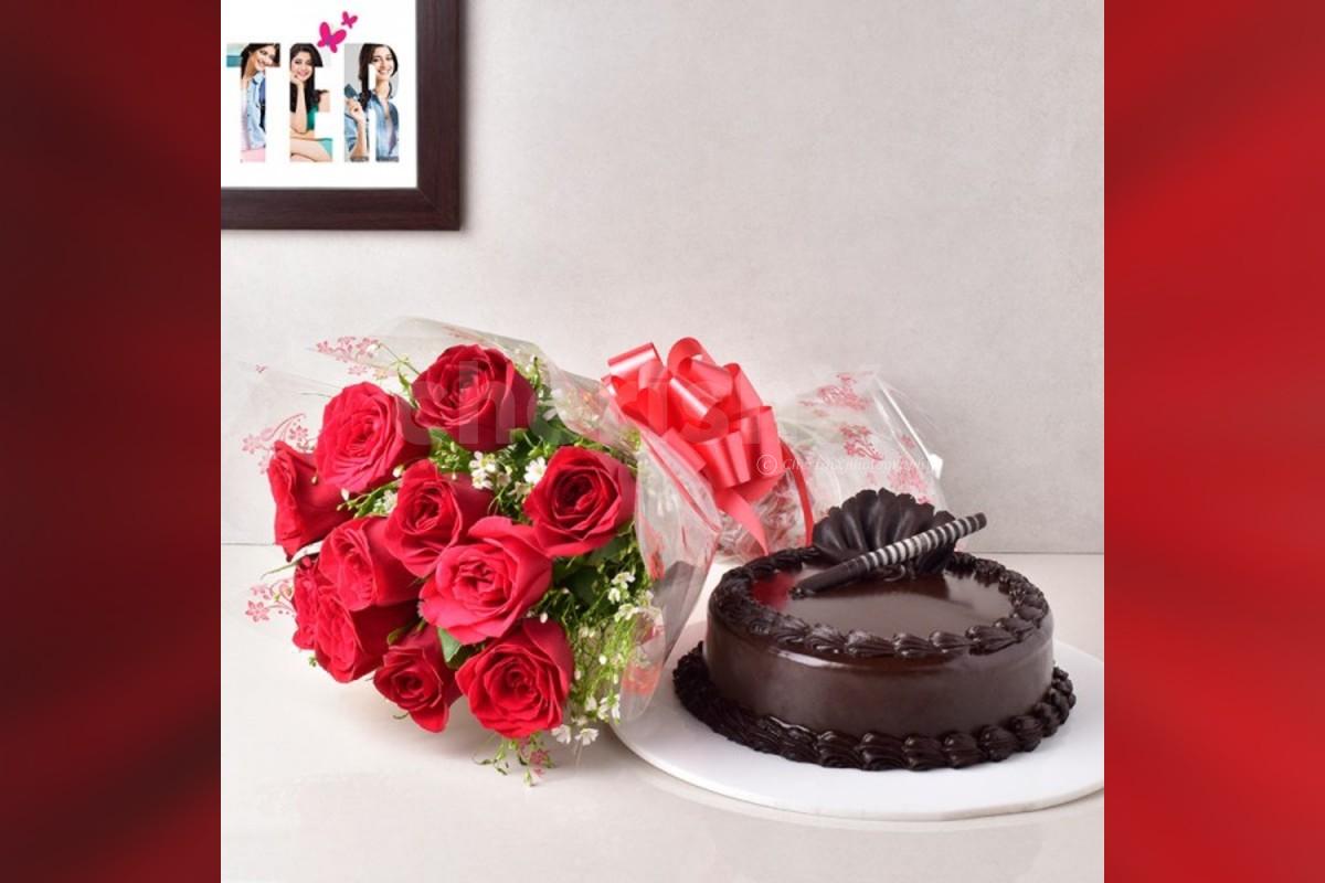 Send a simple 10 Red Rose with chocolate truffle cake (500 gms) Free