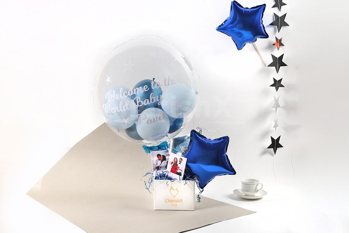 Book an Exclusive Blue Personalised Balloon And Photo Bucket for