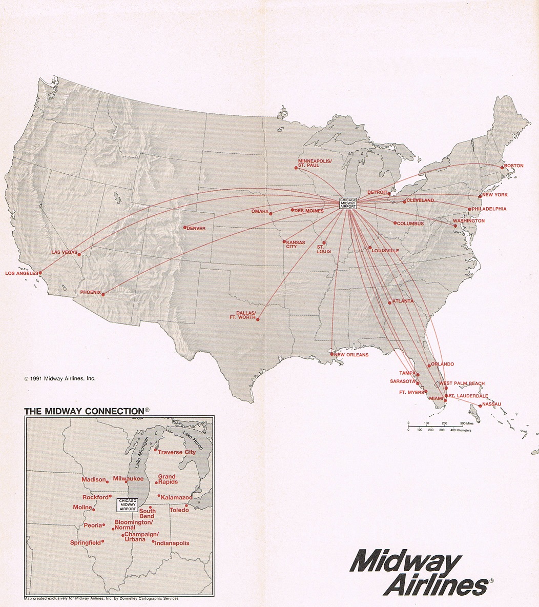 Midway Airlines September 4, 1991 Route Map