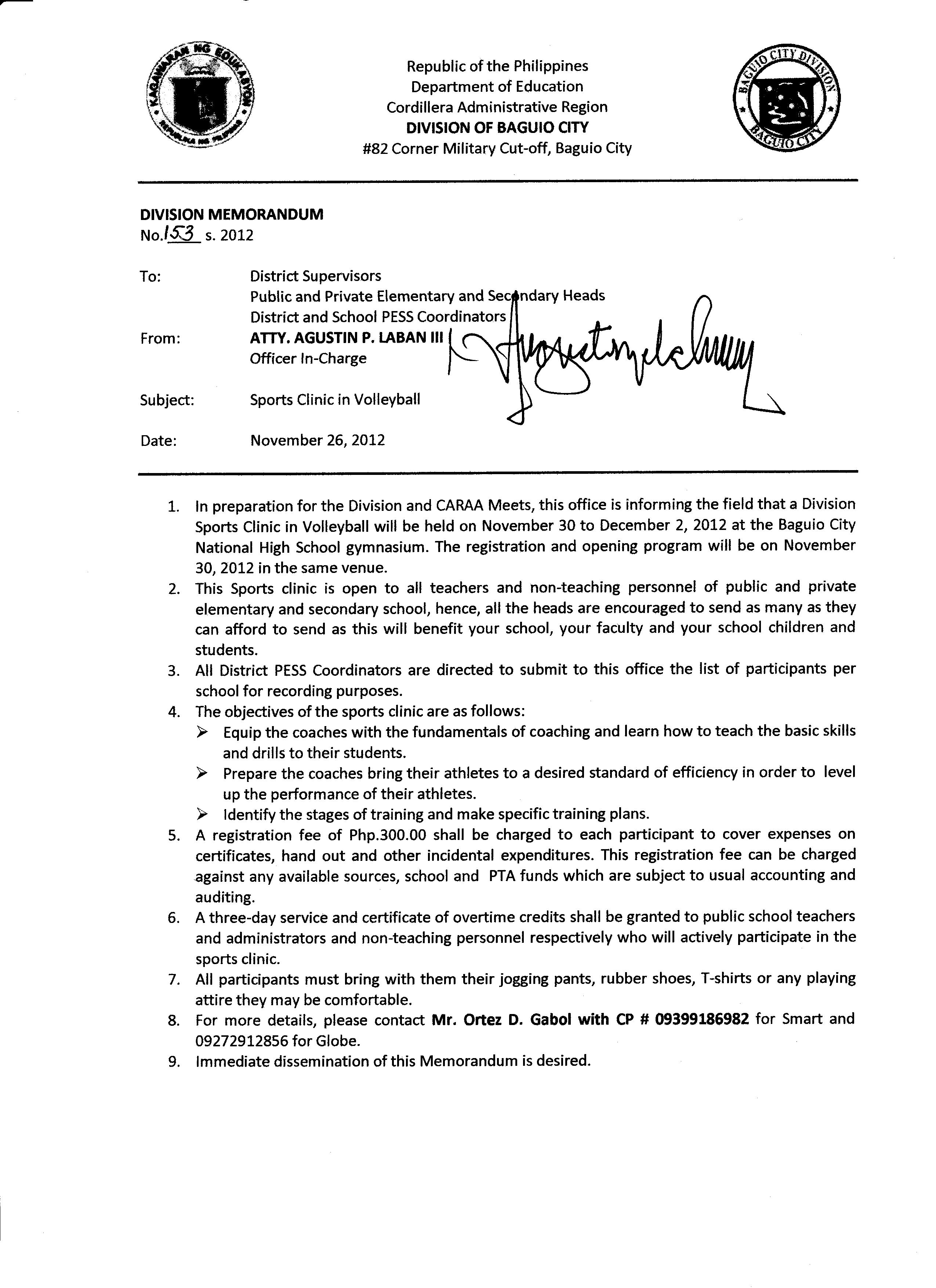 Division Memo No.153 S.2012 Sports Clinic in VolleyBall DepEd Baguio City