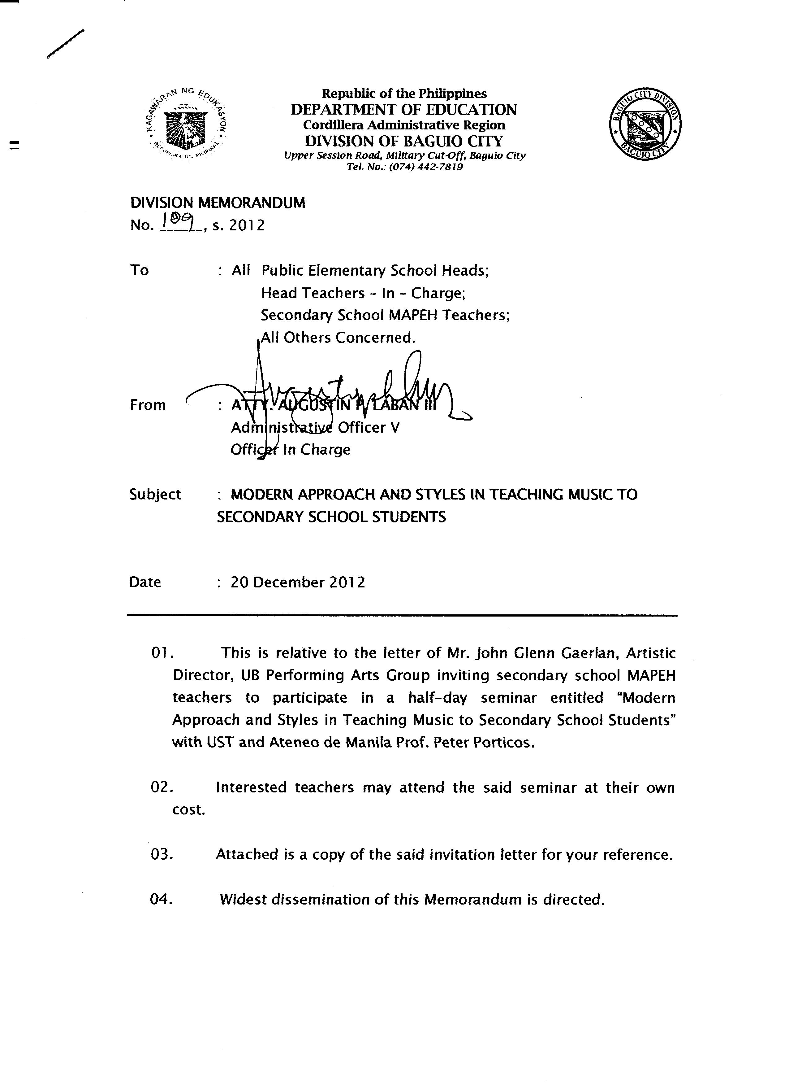 Division Memo No.169 S.2012 Modern Approach and Styles in Teaching Music to Secondary School