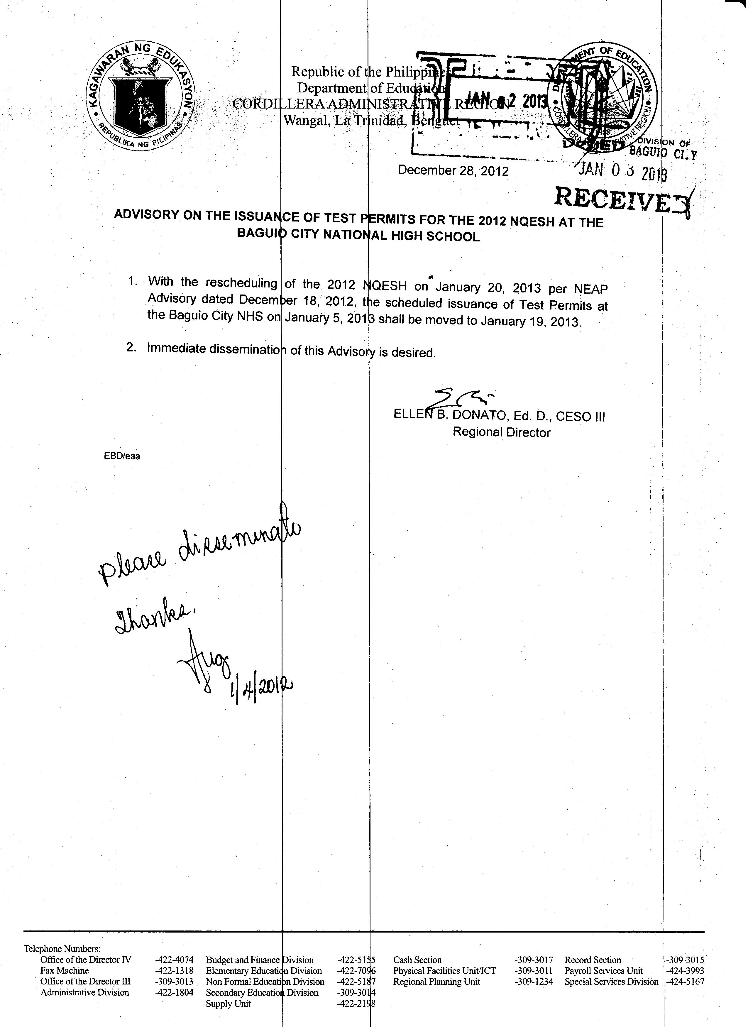 Advisory on the Issuance of Test Permits for the 2012 NQESH at the