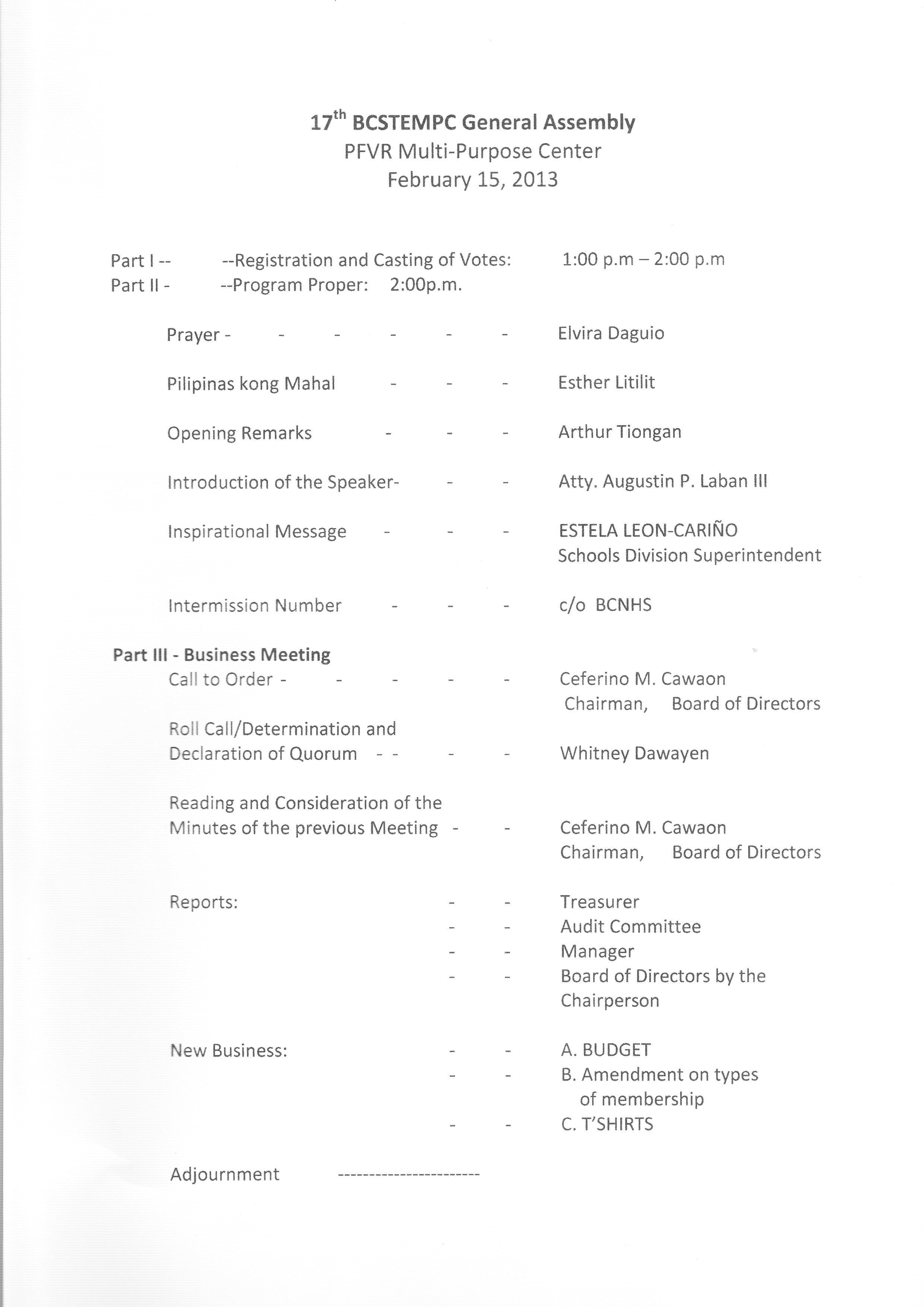 ATTENDANCE TO THE 2013 GENERAL ASSEMBLY OF THE BAGUIO CITY SCHOOL