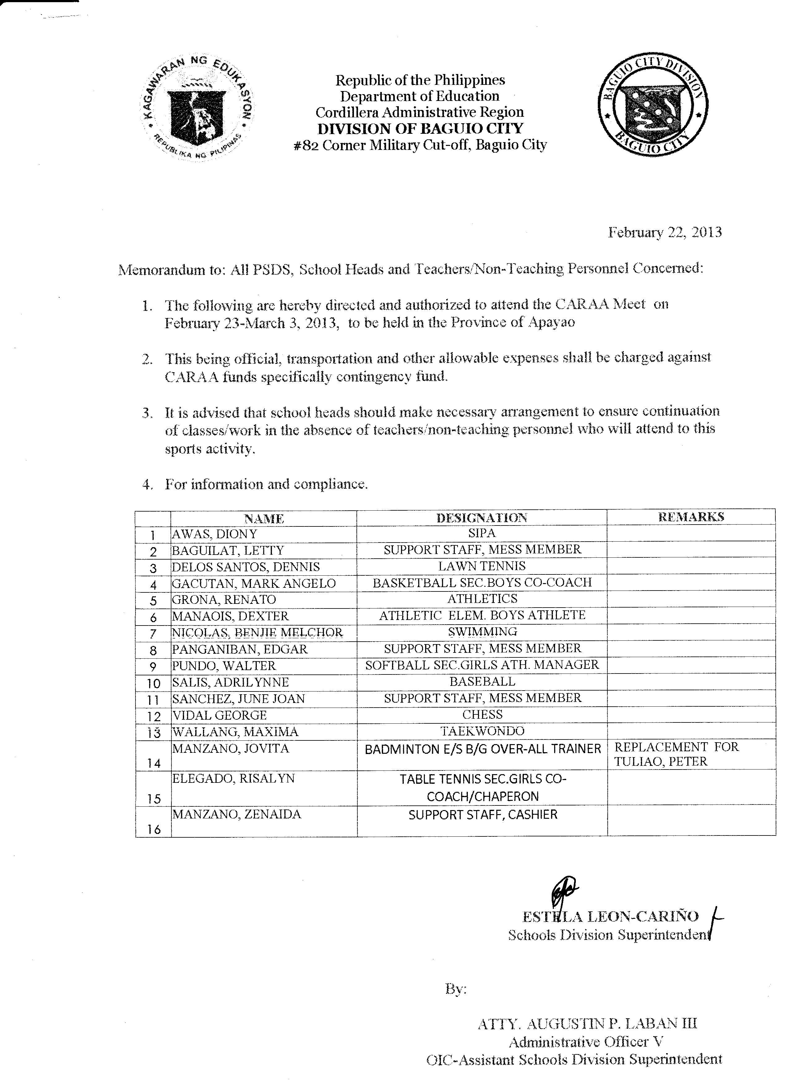 Memorandum to All PSDS, Schools Heads and Teachers/NonTeaching