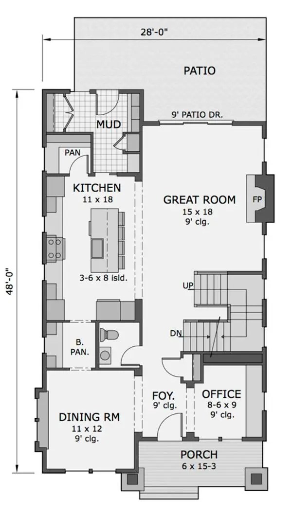 Plano de casa americana, de dos plantas, tres dormitorios y 219 metros