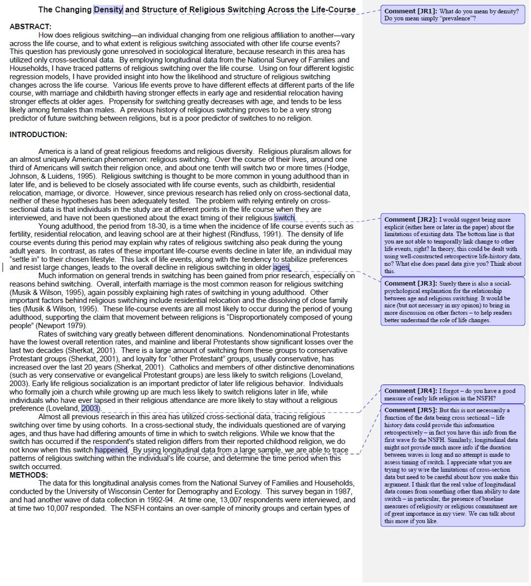 ELECTRONIC COMMENTS ON A STUDENT PAPER IN SOCIOLOGY Writing Across