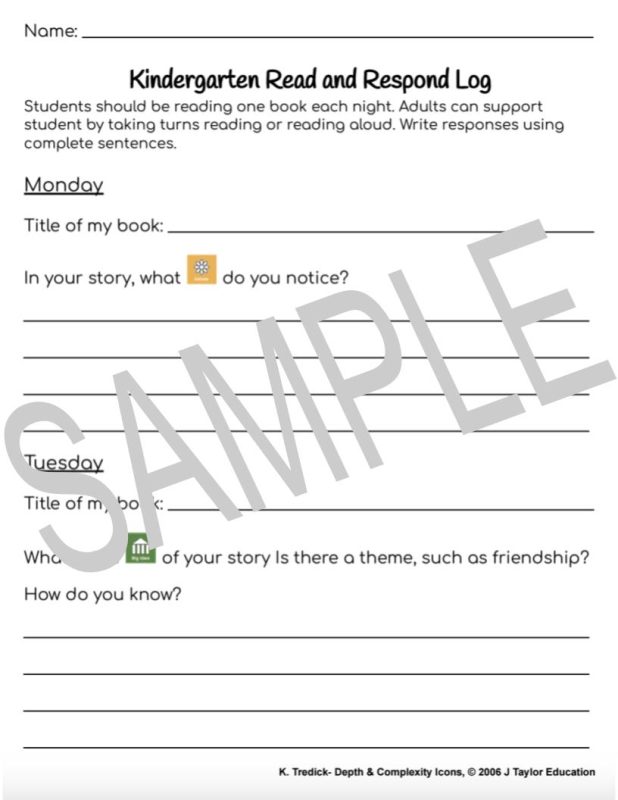 Kinder Read and Response Log The Center For Depth and Complexity(05)