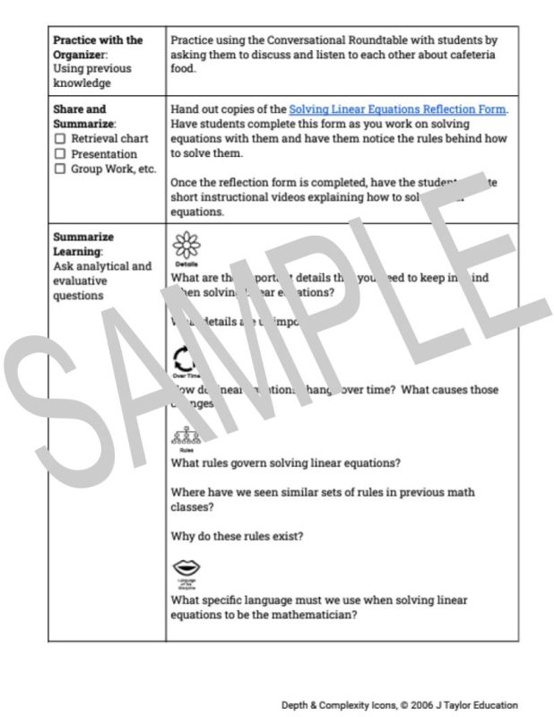 Math Lesson Plan Linear Equations (8th Grade) The Center For Depth