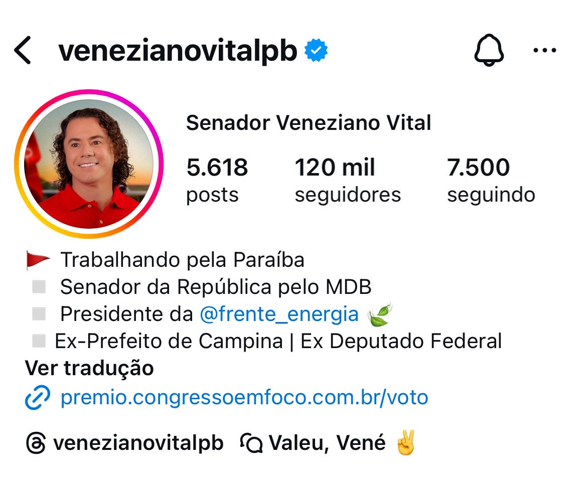 Com a marca de 120 mil, Veneziano é o Senador da Paraíba com maior número de seguidores no Instagram