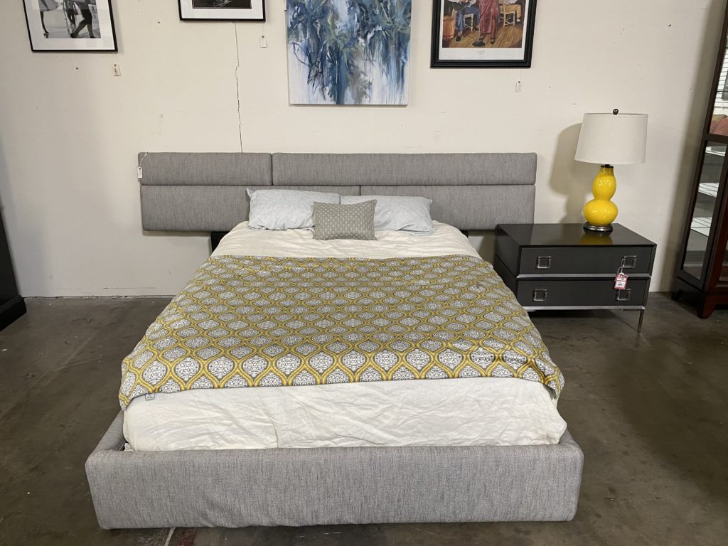 Long Queen Upholstered Headboard and Bed Design Consignment