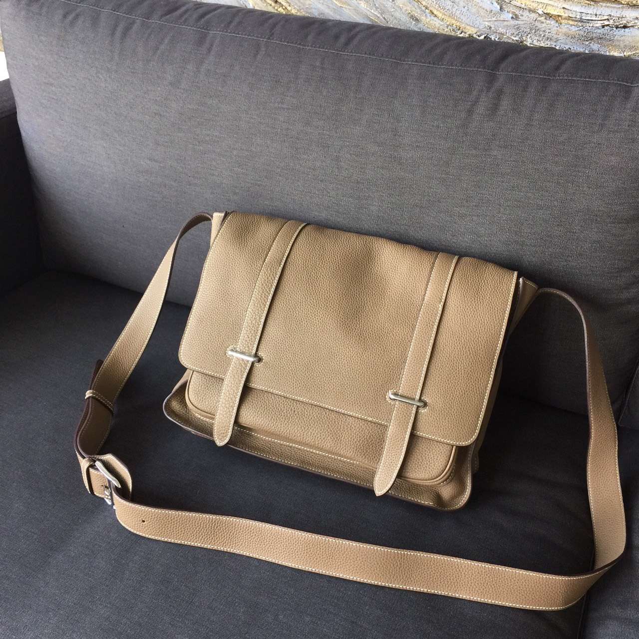 Hermes Steve Messenger Bag Etoupe CK18 Leather Handstitched Silver hw