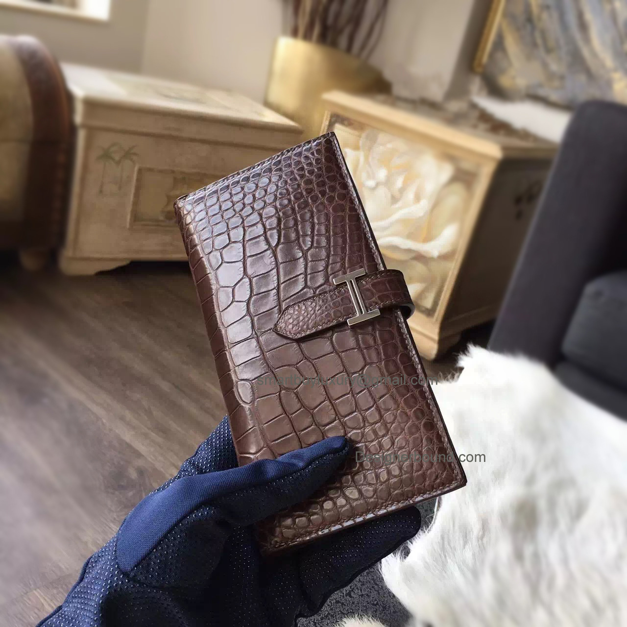 Replica Hermes Bearn Wallet in ck47 Chocolat Matte Porosus Crocodile PHW