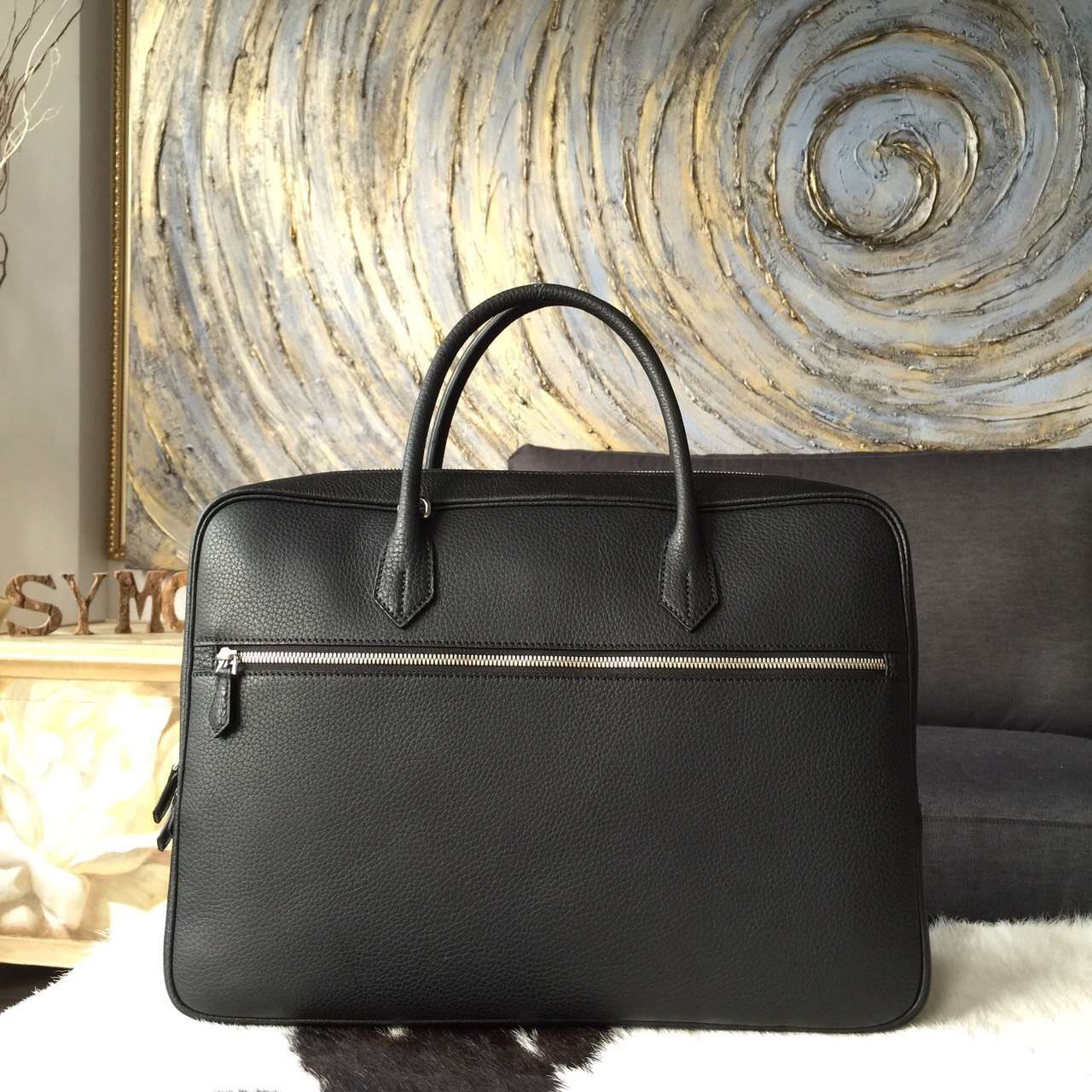 Hermes Steve 38 Briefcase Black Clemence Leather Handstitched Silver hw