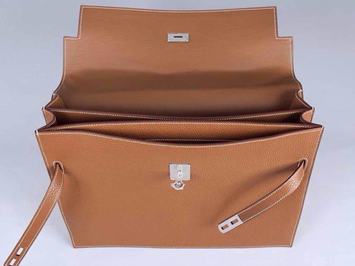Hermes Kelly Depeche 38 Briefcase Brown Clemence Handstitched Silver hw